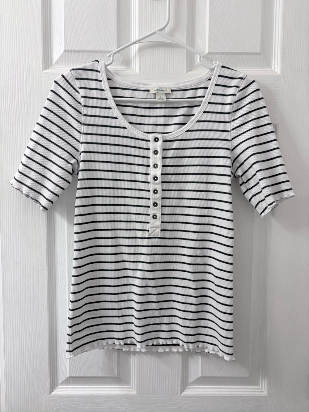 Sundance White and Black Striped Scoop Neck Henley Tee